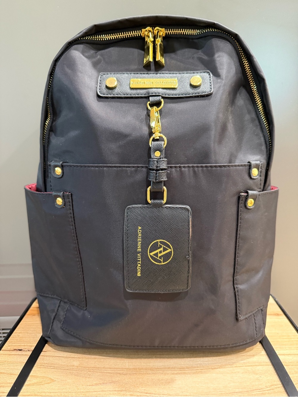 Adrienne Vittadini Black Nylon Backpack Gold Hardware Travel Laptop Bag